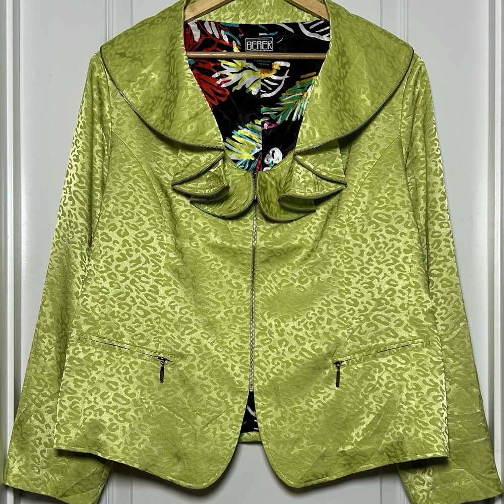 Berek Vintage 90s Lime Green Leopard Jacquard Ruffle Collar Full Zip Jacket